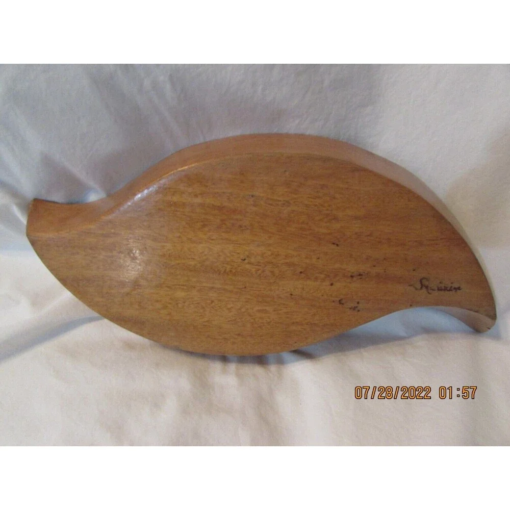 WOOD SERVING DISH LEAF SHAPED SIGNED TEAK? TIKI BAR PARTY